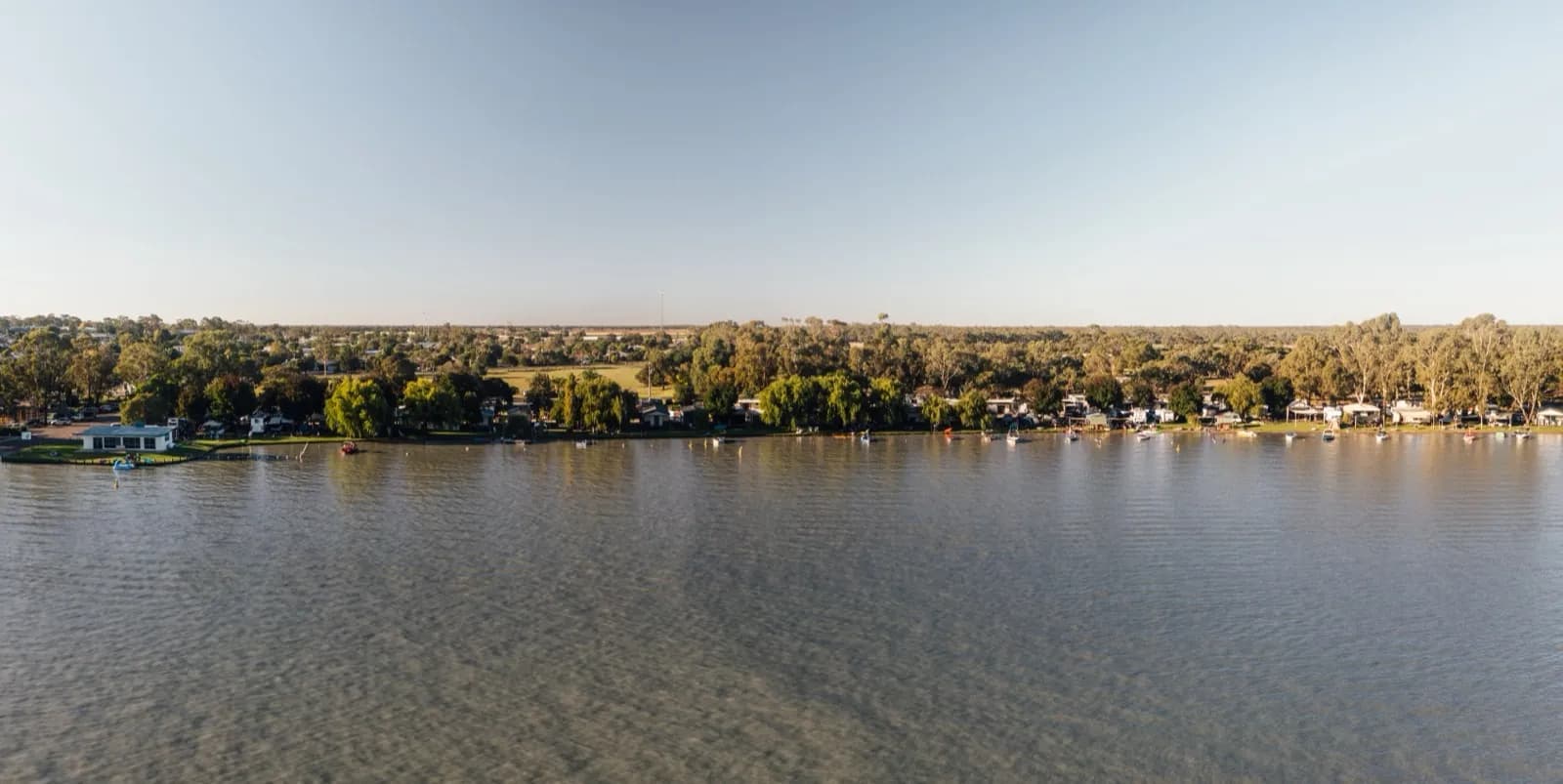 Panoramic view of Boort Lakes Holiday Park from the lake